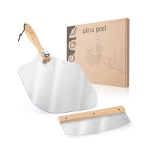 Hot selling Aluminum Metal Pizza Peel with Foldable Wood Handle & Rocker Cutter pizza paddle set